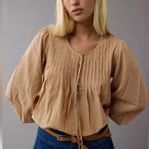 AE Long Sleeve Breezy Boho Blouse in Taupe